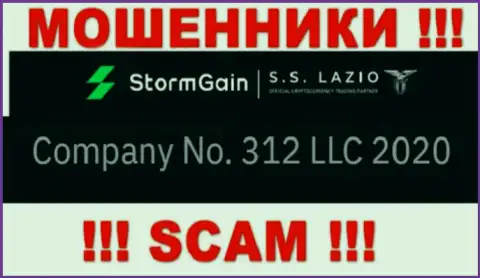 Регистрационный номер StormGain, который взят с их официального онлайн-сервиса - 312 LLC 2020