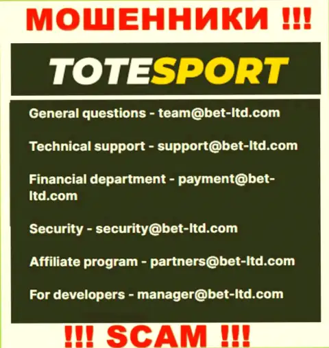 В разделе контактной инфы internet-мошенников ToteSport, представлен именно этот адрес электронной почты для обратной связи с ними