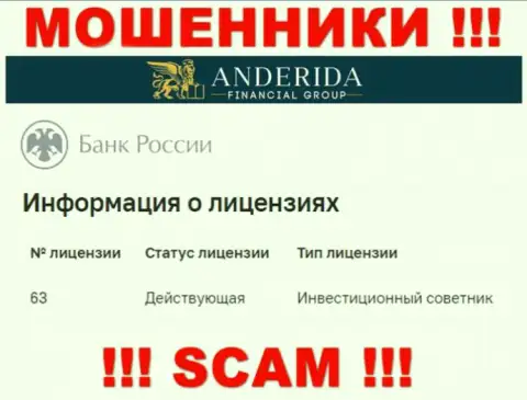 Андерида пишут, что имеют лицензию от Центрального Банка РФ (сведения с сайта мошенников)