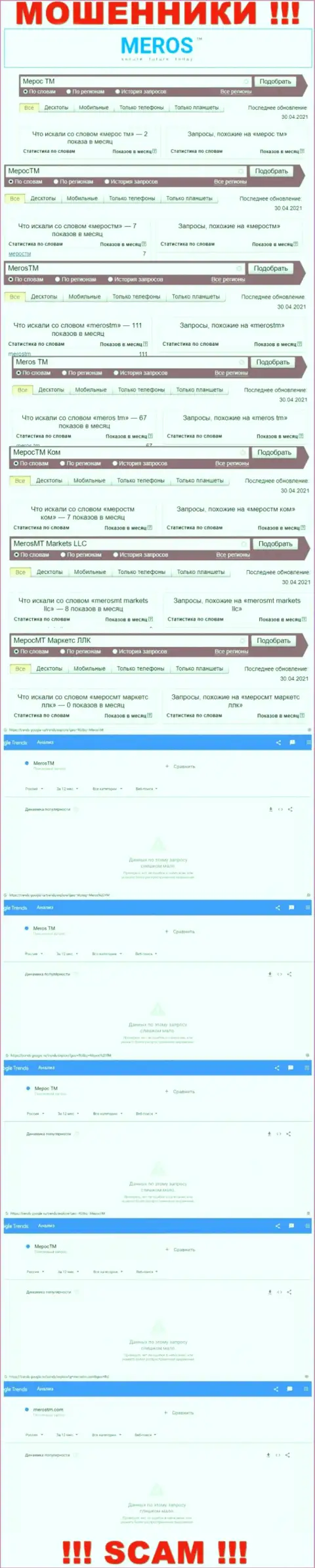 Детальная информация по числу онлайн-запросов по мошенникам МеросТМ Ком в глобальной сети internet