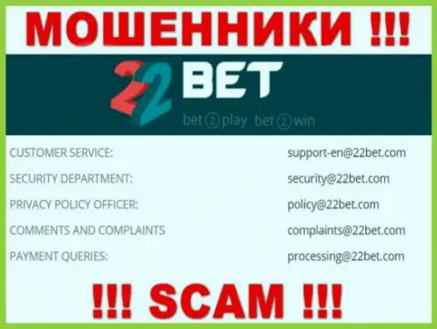 Электронный адрес интернет-обманщиков 22Bet - сведения с веб-сайта конторы