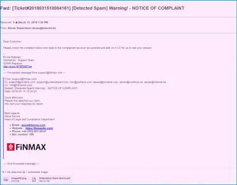 Подобная претензия на официальный интернет-ресурс FiNMAX поступила и регистратору доменного имени сайта