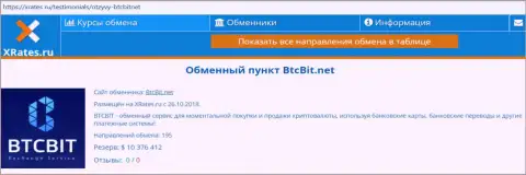 Краткая справочная информация об online обменнике BTCBit на информационном ресурсе xrates ru